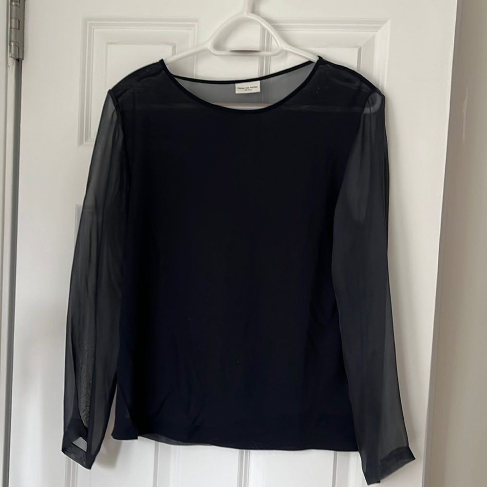 Dries Van Noten Navy Blue Cotton Top W/ Sheer Silk Sleeves & Back Size M